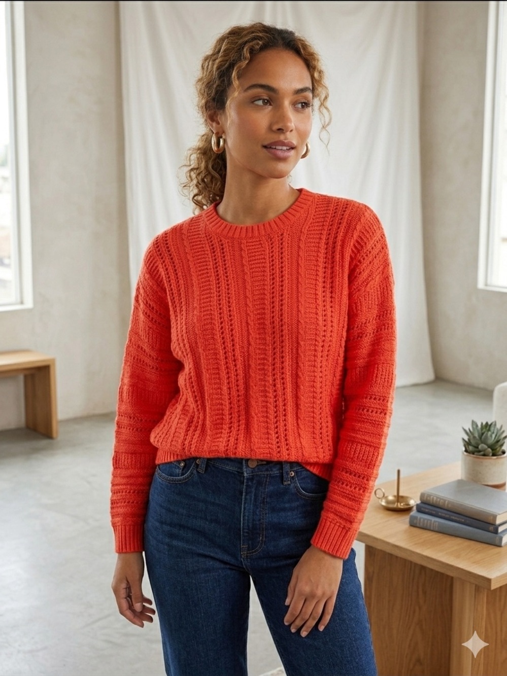 Women's Cable Knit 100% cotton boxy Crewneck Sweater - red orange Small